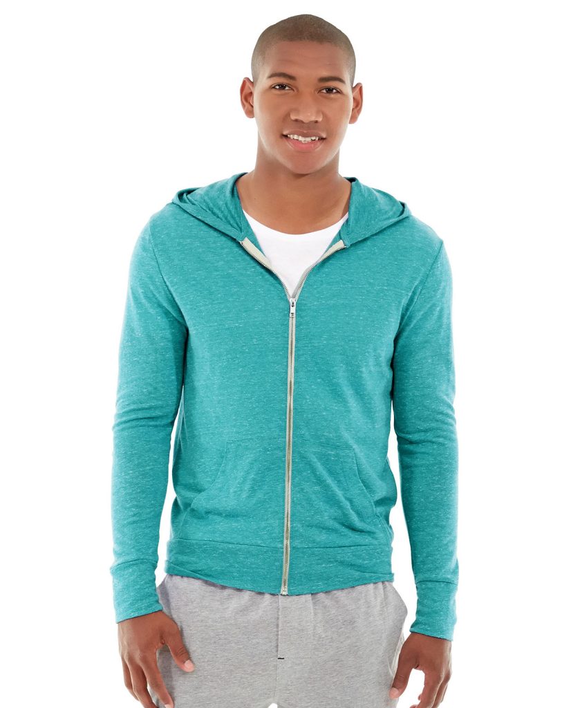 Athletic model wearing a sleek, navy blue lightweight hoodie in dynamic pose