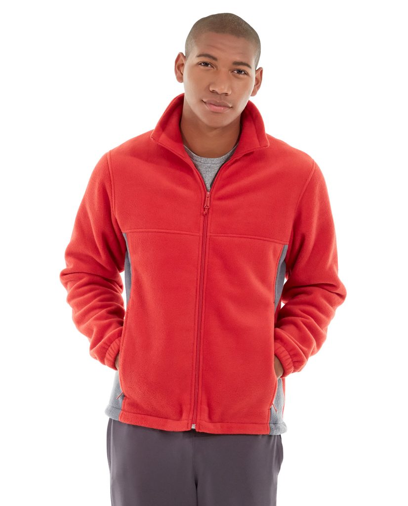 Black and gray fitted athletic jacket with bold color-blocked shoulders and hood