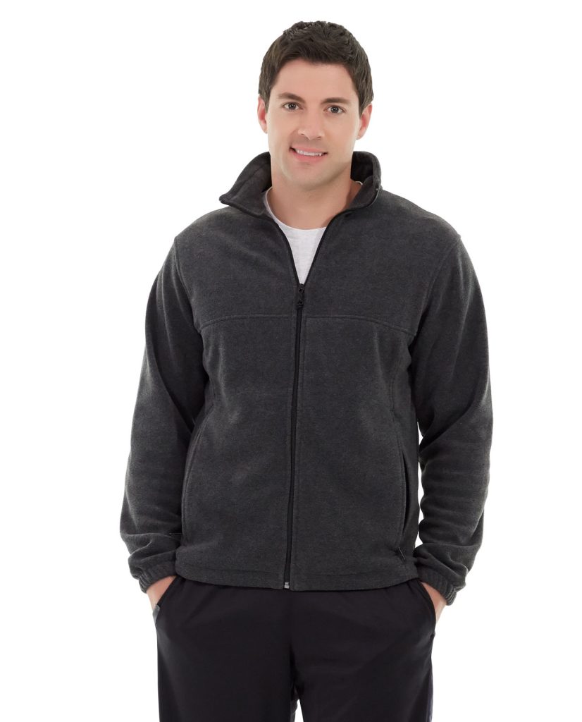 Athletic male model wearing blue and gray moisture-wicking gym jacket with side pockets