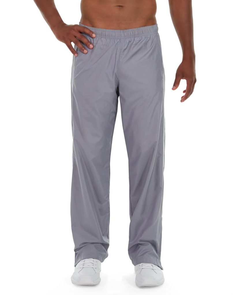 Close-up of person wearing gray, comfortable warmup pants with fleece lining