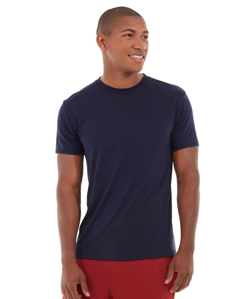 Athletic model wearing a light blue moisture-wicking fitness t-shirt in active pose