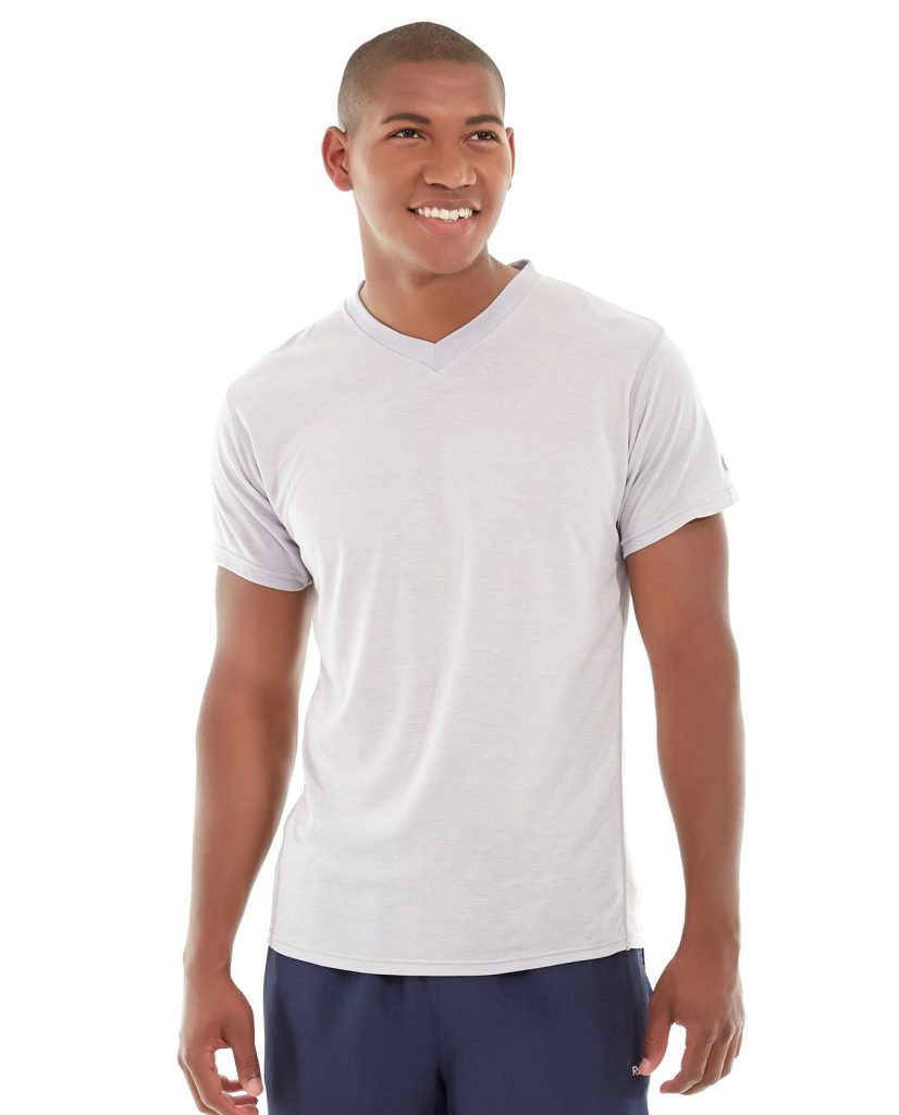 Male model wearing a sleek v-neck gray LumaTech performance t-shirt outdoors