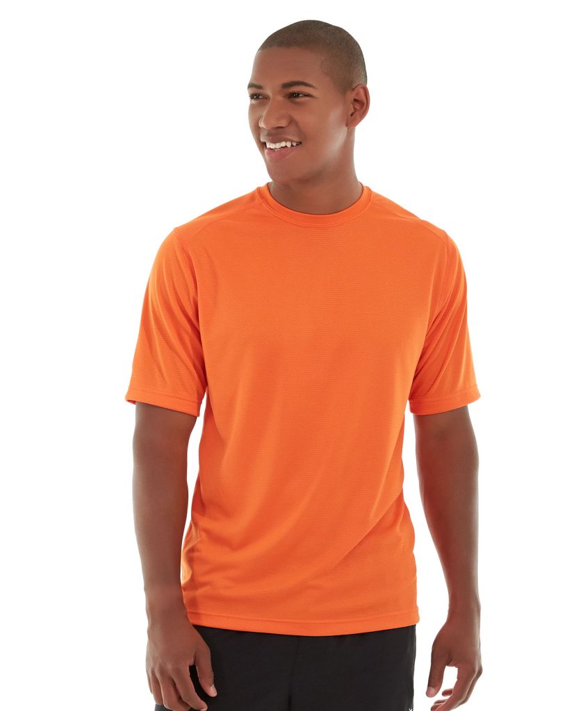 Athletic man wearing a gray moisture-wicking performance t-shirt during high-intensity workout