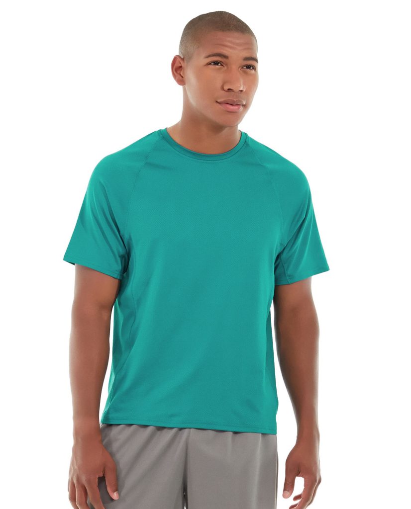 Athletic model wearing a lightweight, blue moisture-wicking performance t-shirt in motion
