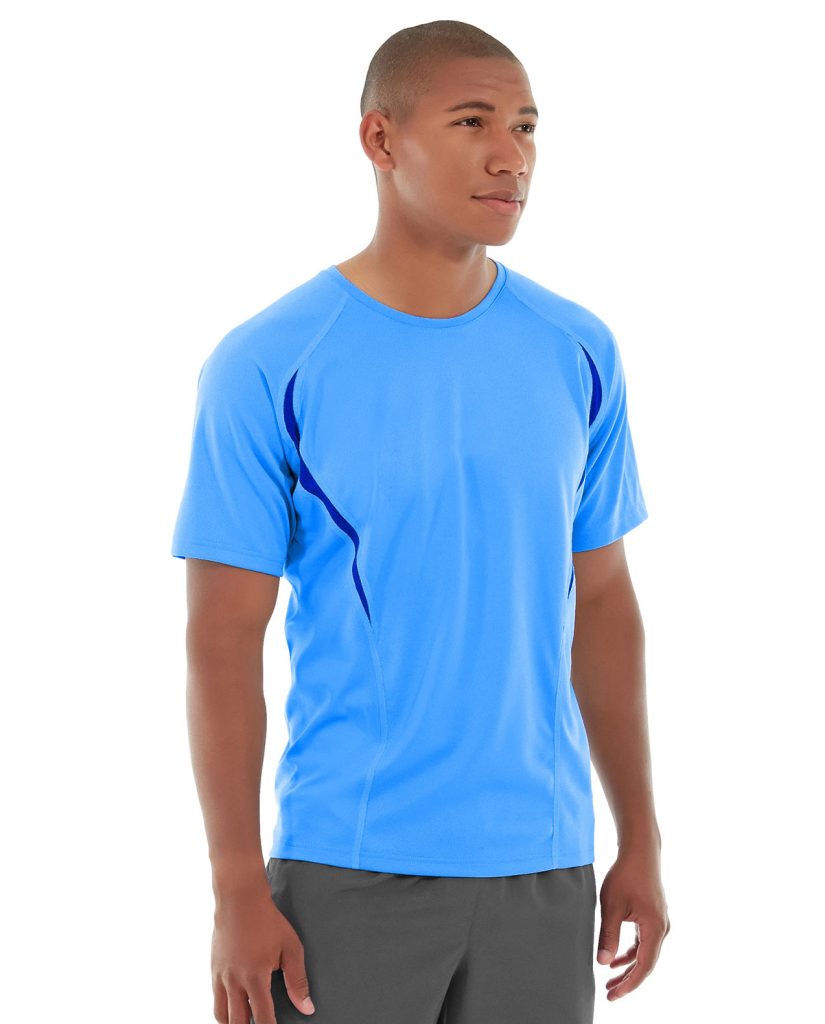 Athletic model wearing a dark blue Zoltan branded gym t-shirt against a minimalist background