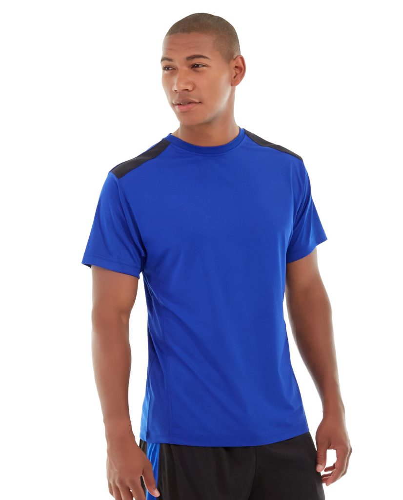 Male model wearing a light gray crew-neck Ryker LumaTech tee in athletic pose
