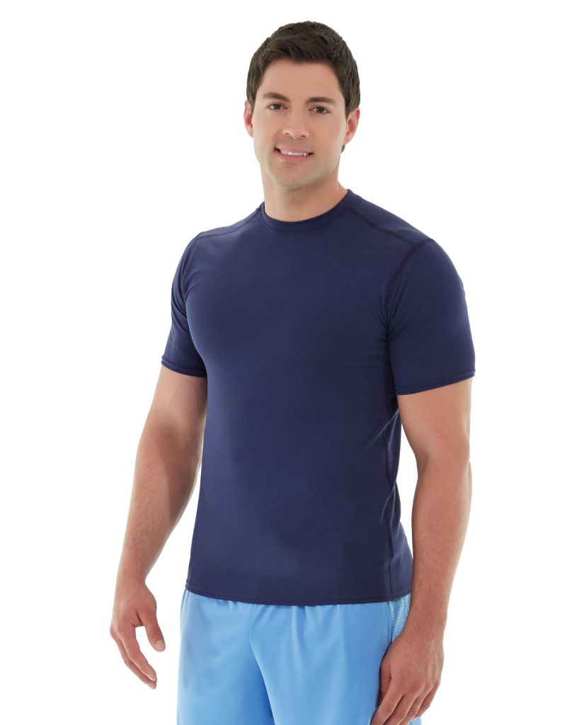 Male model wearing a gray Logan HeatTec performance t-shirt, looking comfortable and active
