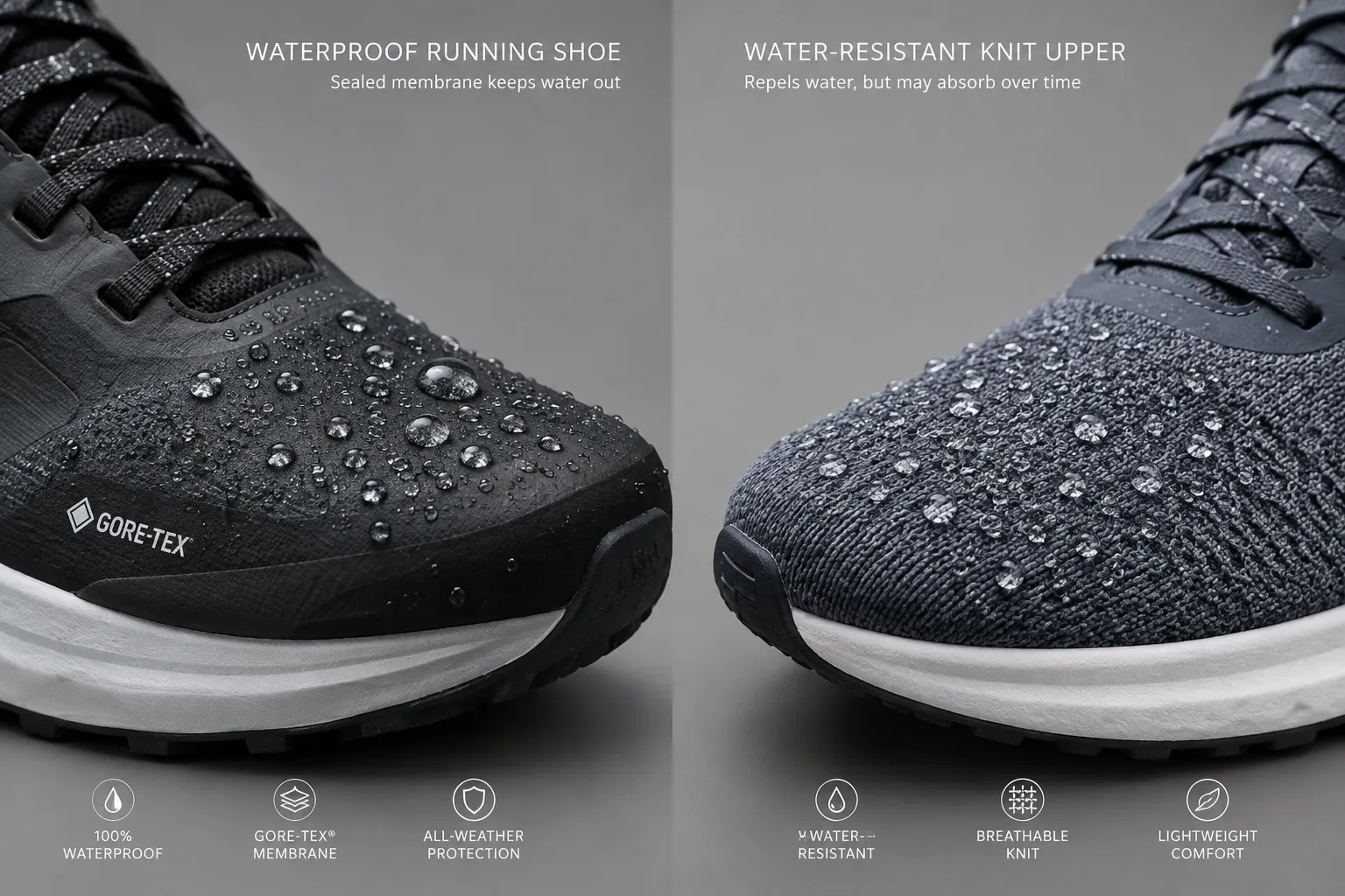 Waterproof and water-resistant running shoe uppers side by side