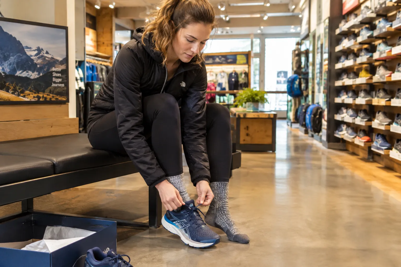 Runner testing the fit of winter running shoes with thicker socks